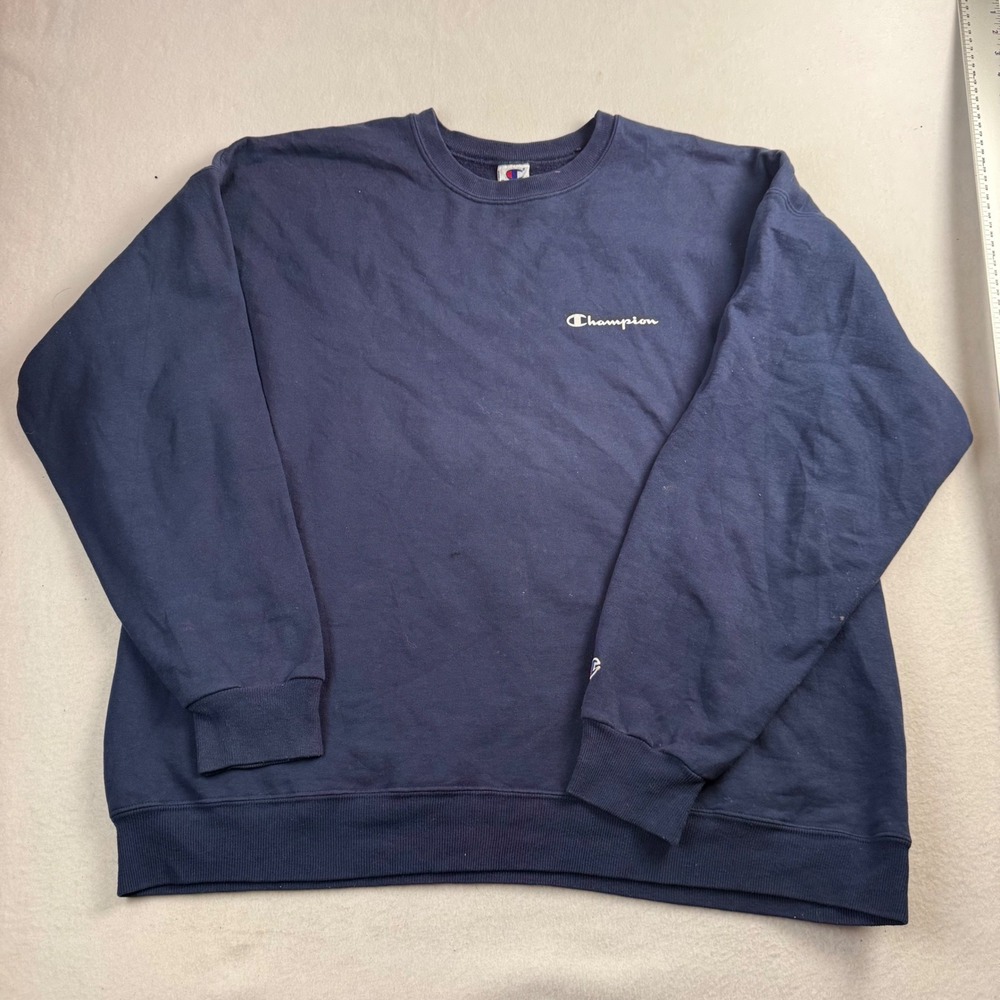 Champion Mens Crewneck Sweatshirt XL Navy Blue Script Logo Pullover Fleece